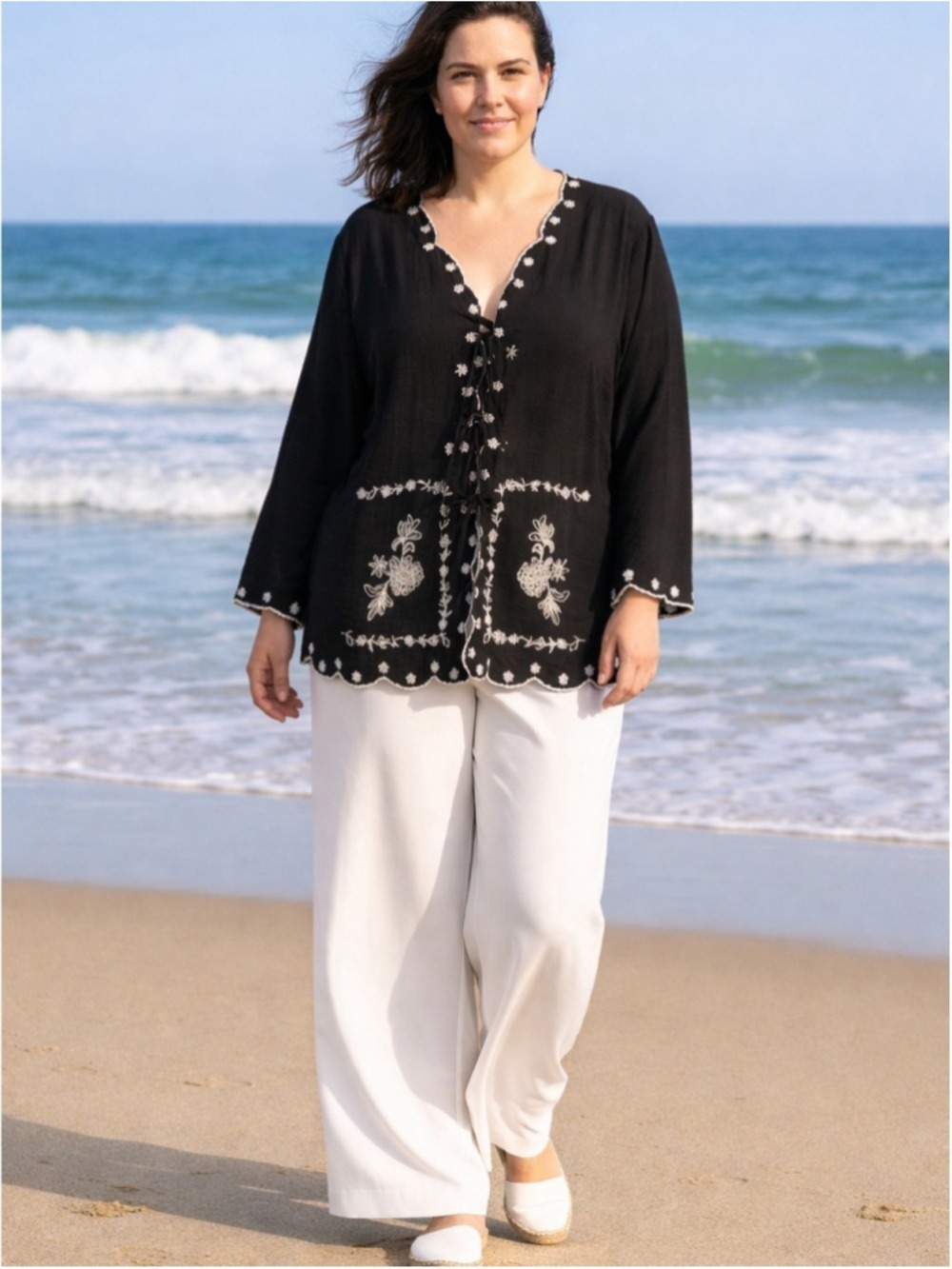 NWT Adrianna Papell Black White Embroidered Tie Front Woven Top Plus Size 2X